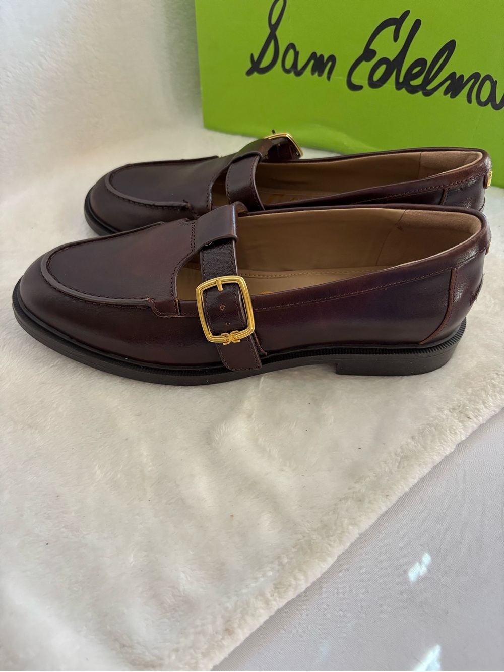 Sam Edelman Elaina T-Strap Loafer Mary Jane Buckle Brown Leather Size 9.5